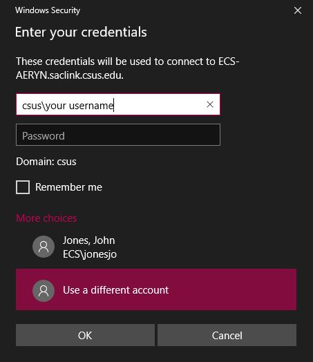 image of the login credential window. Enter your CSUS username and password.